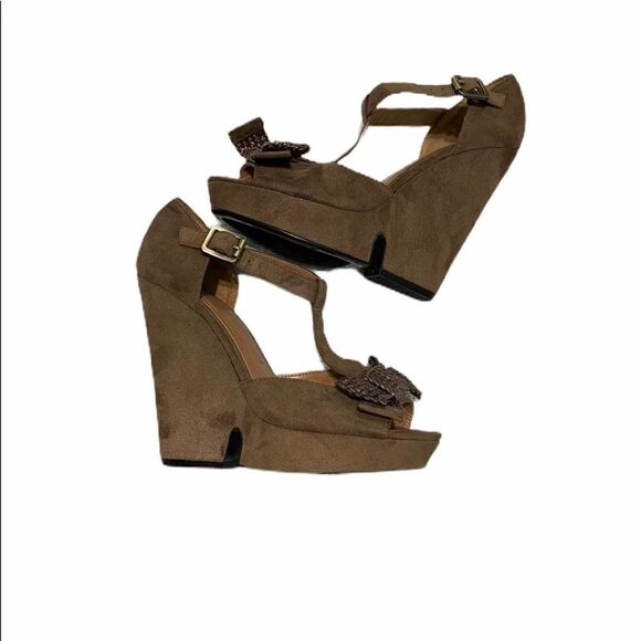 Crown Vintage Mary Jane Peep Toe Bow Wedge Taupe 7 - Picture 7 of 7